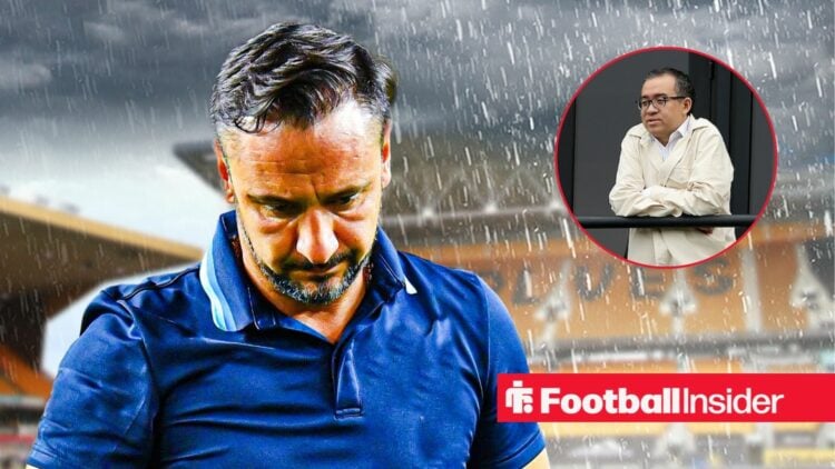 Vitor Pereira in the rain at Molineux, with Jeff Shi in a circular inset