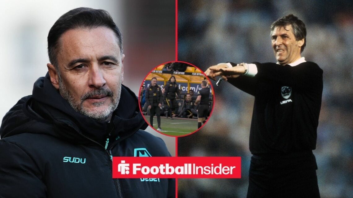 Vitor Pereira looking glum, Keith Hackett pointing and red card incident in inset