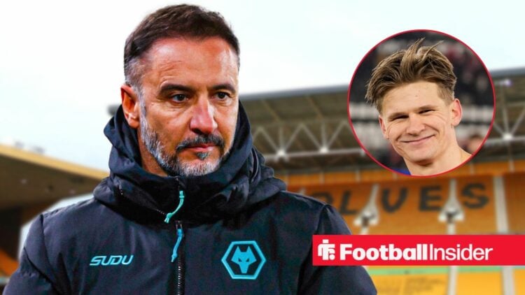 Vitor Pereira looking focused on the left for Wolves with a smiling David Moller Wolfe on the right