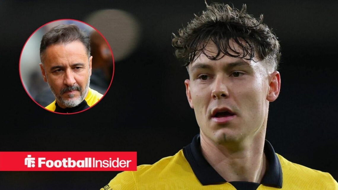 Vitor Pereira looking serious on the left with Jorgen Strand Larsen looking focused on the right for Wolves