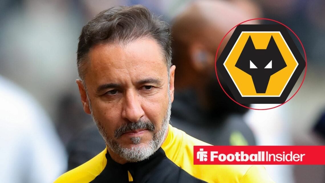 Vitor Pereira looking focused on the left with the Wolves badge on the right