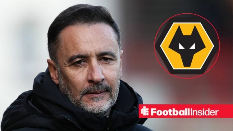 Vitor Pereira looking focused on the left with the Wolves logo on the right