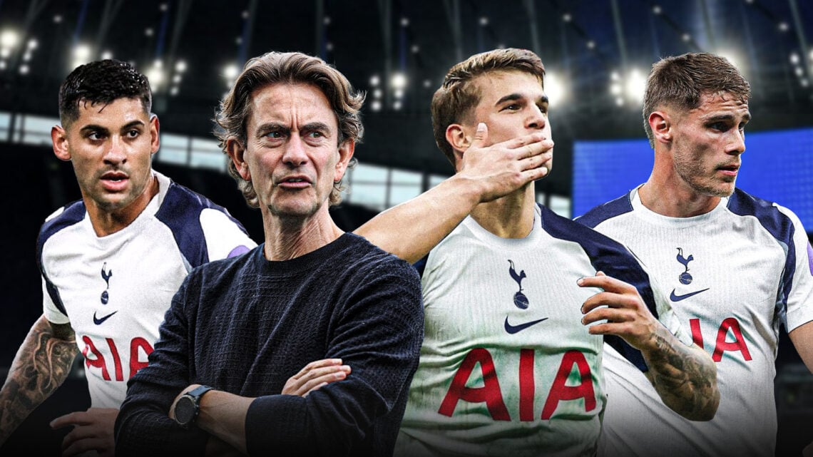 Thomas Frank with arms folded in the foreground, with Cristian Romero, Luka Vuskovic and Micky van de Ven behind in Tottenham kits