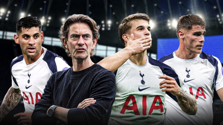 Thomas Frank with arms folded in the foreground, with Cristian Romero, Luka Vuskovic and Micky van de Ven behind in Tottenham kits