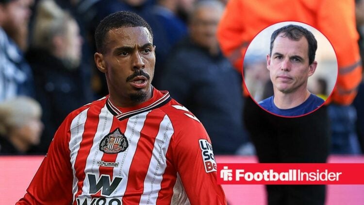 Wilson Isidor celebrating for Sunderland, with Regis Le Bris in a circular inset