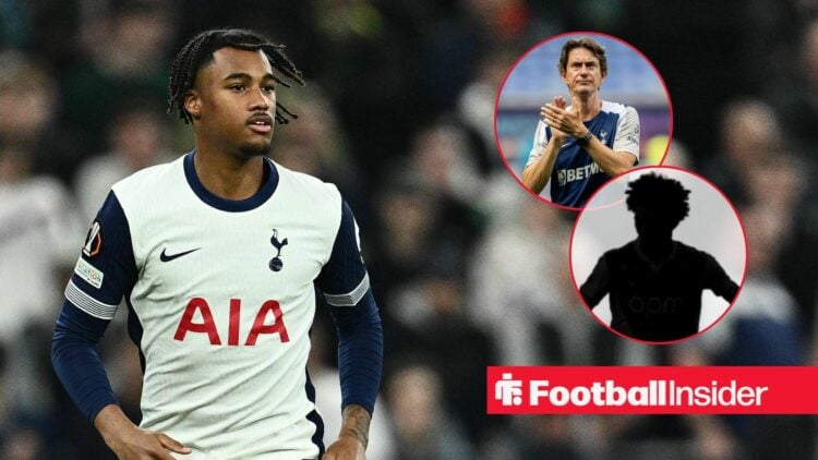Wilson Odobert playing for Tottenham, Thomas Frank and Maghnes Akliouche's silhouette in circular insets