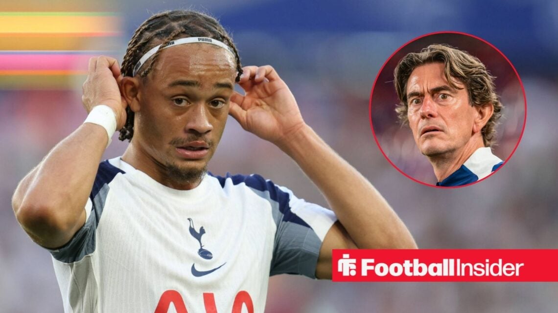 Xavi Simons adjusting his headband on the left with a serious Thomas Frank on the right for Tottenham