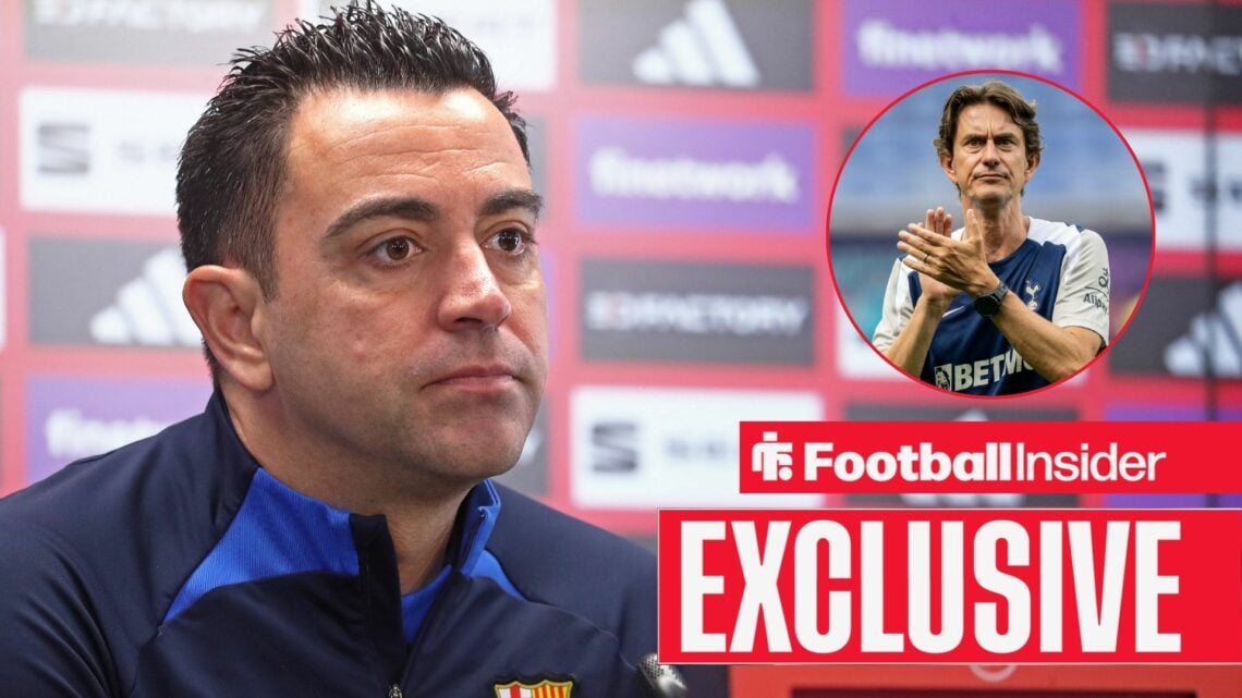 Xavi in a Barcelona press conference, Thomas Frank in a circular inset