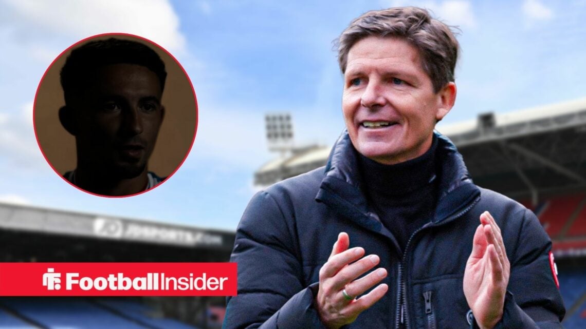 Yeremy Pino faded out on the left for Crystal Palace and Oliver Glasner clapping on the right in front of Selhurst Park