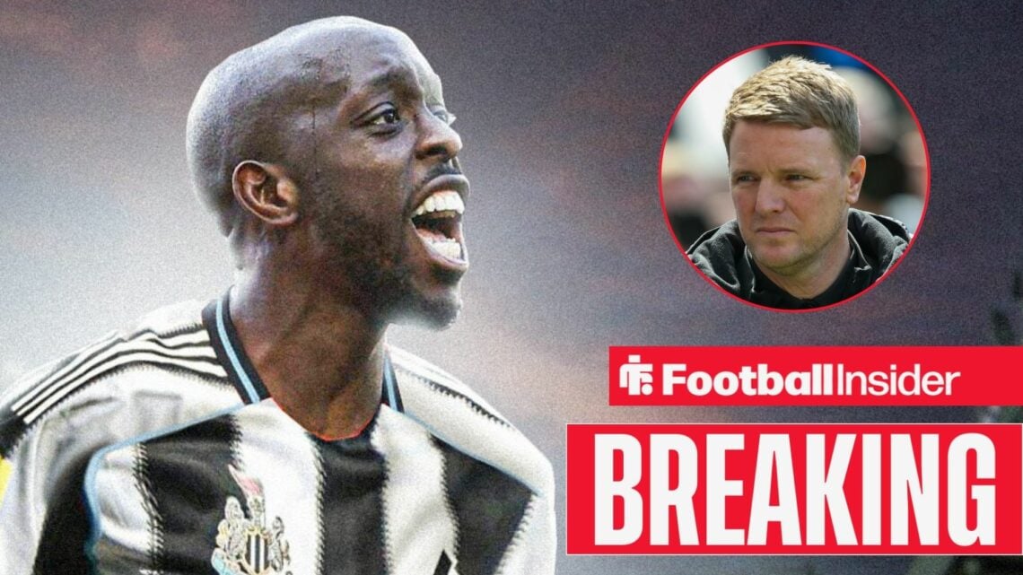 Newcastle's Yoane Wissa celebrating with manager Eddie Howe right inset