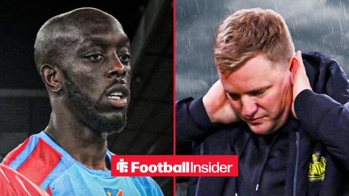 Yoane Wissa in a DR Congo shirt alongside Eddie Howe looking upset
