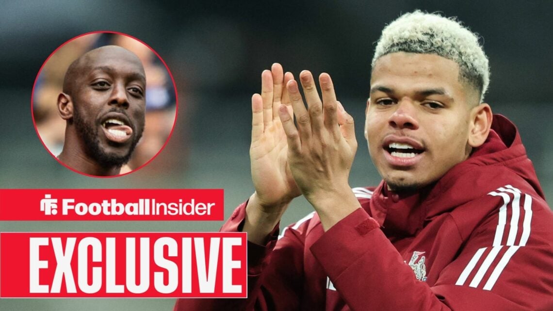 William Osula on the right clapping his hands with Yoane Wissa on the left with his tongue sticking out