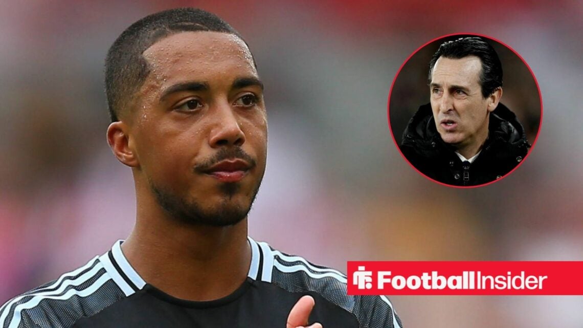 Youri Tielemans playing for Aston Villa, Unai Emery in a circular inset