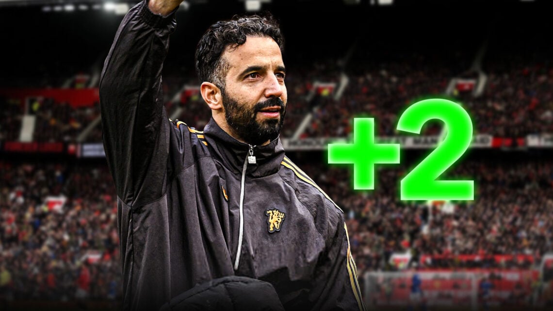 Ruben Amorim happily holding his arm in the air with +2 sign in green on the right of the image