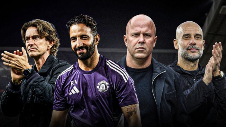 Amorim (happy) and Slot (unhappy) both in the centre, and Guardiola (happy) and Frank (unhappy) further back and to the side.