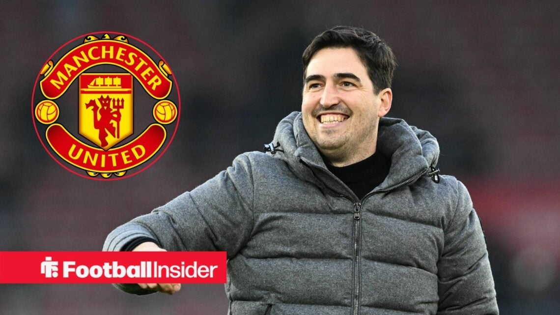 Andoni Iraola celebrates a Bournemouth win with Manchester United club badge inset