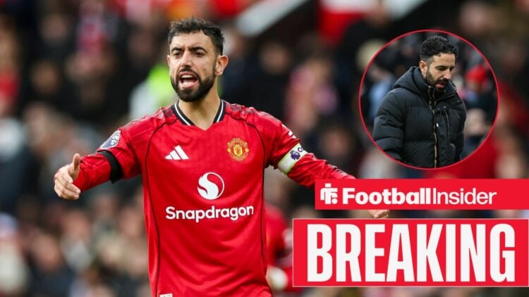 Bruno Fernandes arms out with Man United boss Ruben Amorim inset