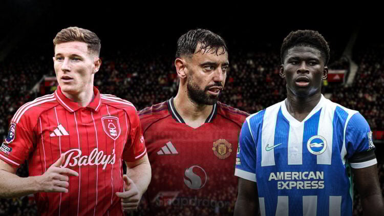 Elliot Anderson, Bruno Fernandes and Carlos Baleba, with Bruno in the centre faded out.