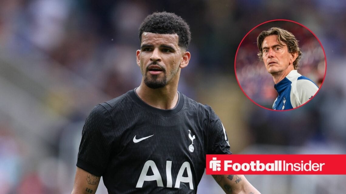 Dominic Solanke in action for Tottenham with Thomas Frank inset