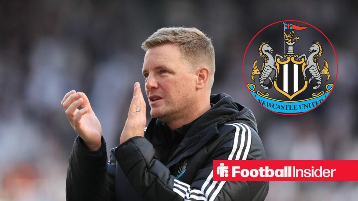Eddie Howe applauds the Newcastle United supporters with Newcastle United club badge inset