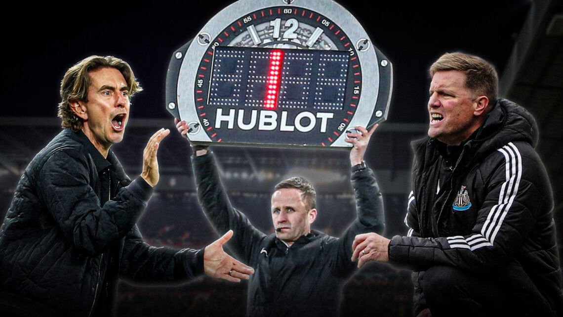 A fourht official holding up a board signalling one minute of added time, with Thomas Frank and Eddie Howe superimposed on either side.