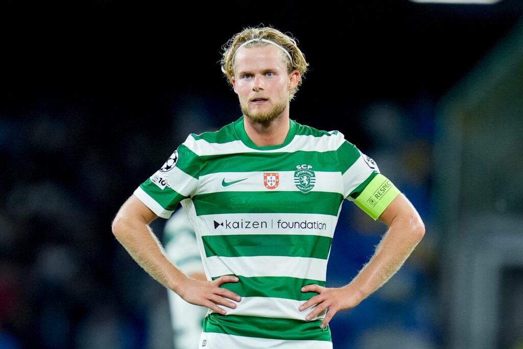 Morten Hjulmand with his hand on his hips for Sporting Lisbon