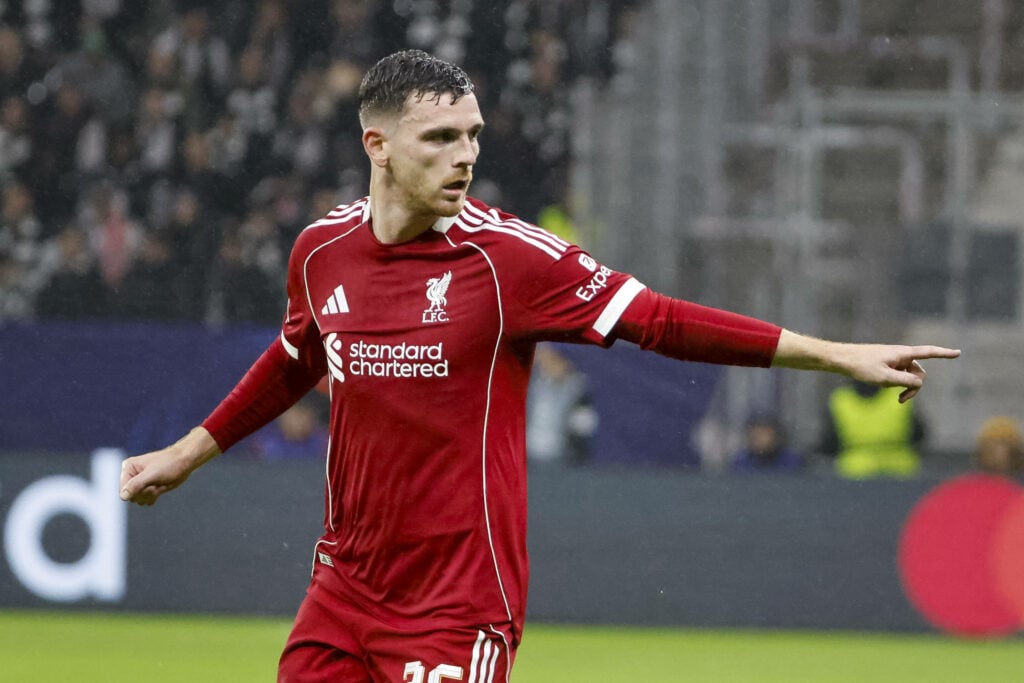 Andy Robertson looking focused for Liverpool with his finger pointing