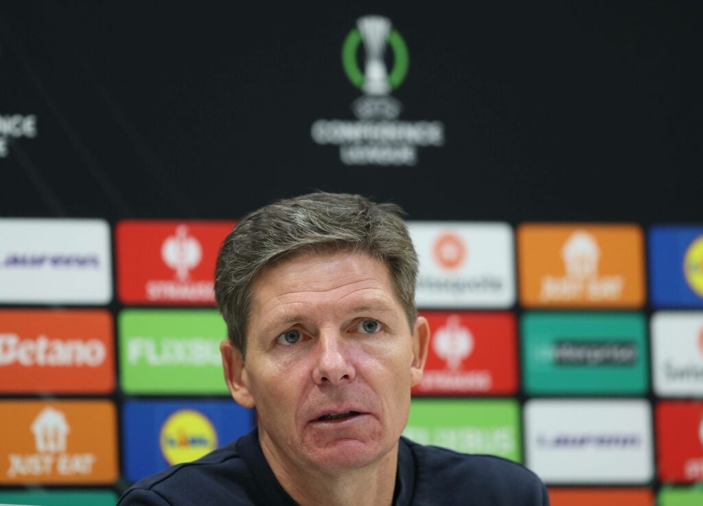 Oliver Glasner looking serious at a Crystal Palace press conference