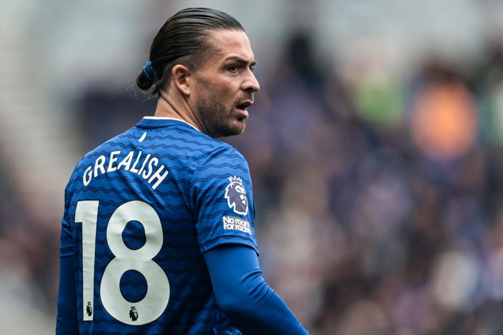 Grealish playing for Everton, with his name and number (18) both visible.