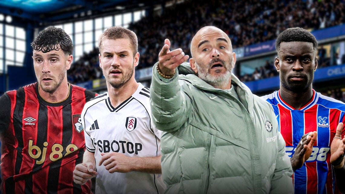 Stamford Bridge background with Marcos Senesi, Joachim Andersen, Marc Guehi stood behind Enzo Maresca.