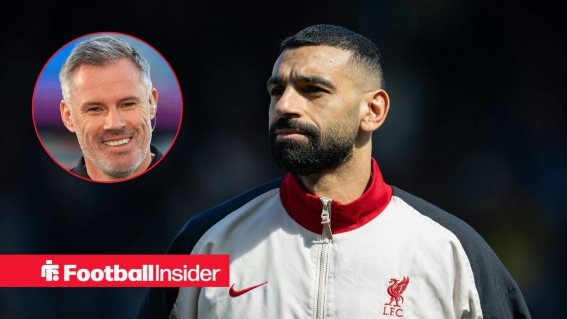 Mohamed Salah before Liverpool kickoff in the Premier League with Jamie Carragher inset