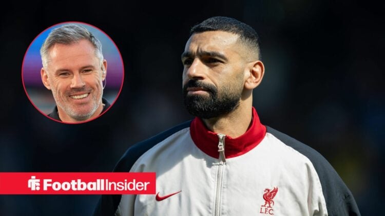 Mohamed Salah before Liverpool kickoff in the Premier League with Jamie Carragher inset