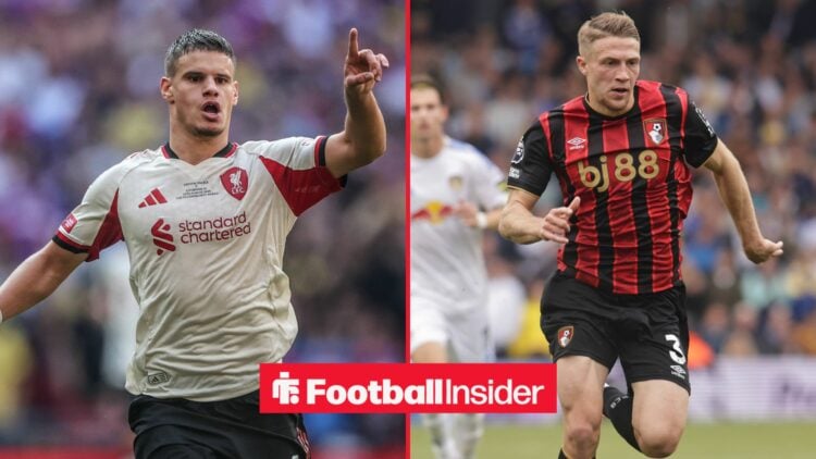 Milos Kerkez in action for Liverpool and Adrien Truffert in action for Bournemouth