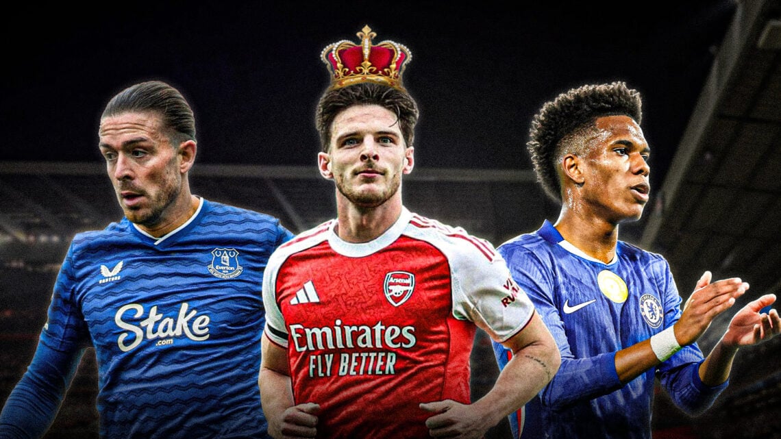 Declan Rice with a crown on his head, with Jack Grealish left and Estevao right