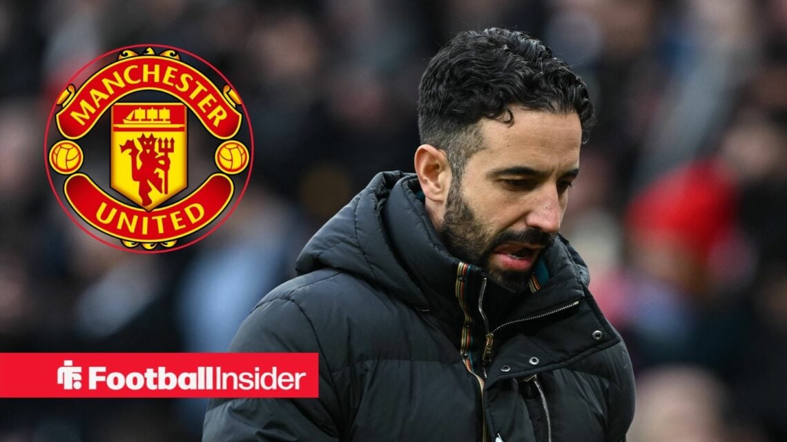 Ruben Amorim looks dejected with Manchester United club badge inset