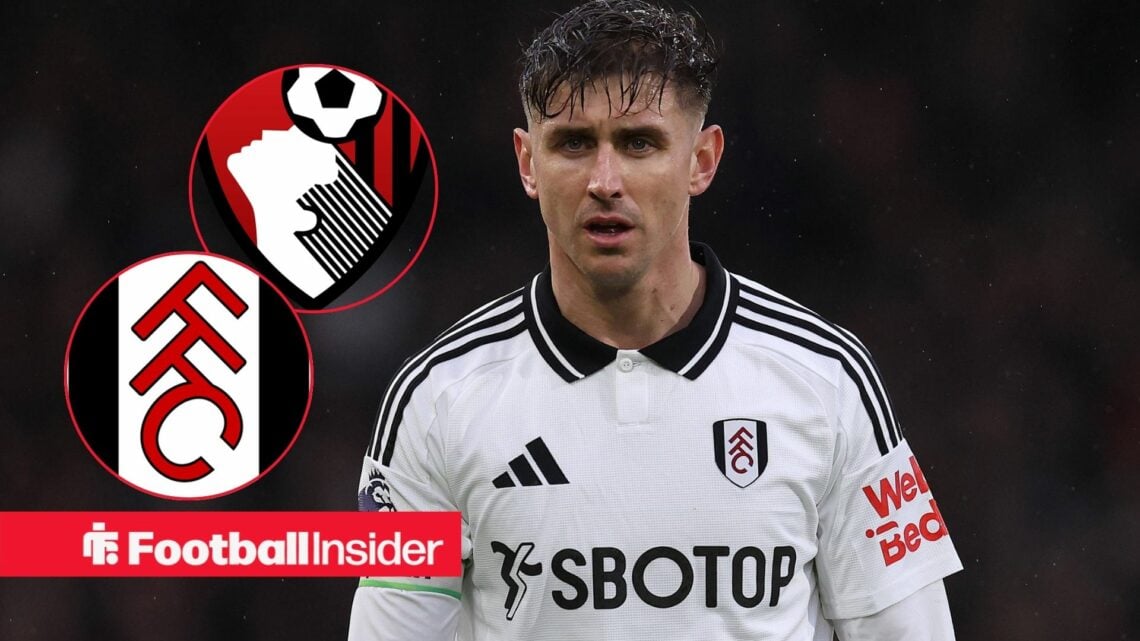 Tom Cairney in action for Fulham with Fulham and Bournemouth club badge insets