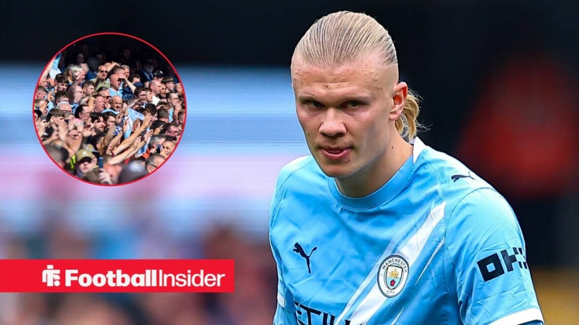 Manchester City striker Erling Haaland with Manchester City fans inset