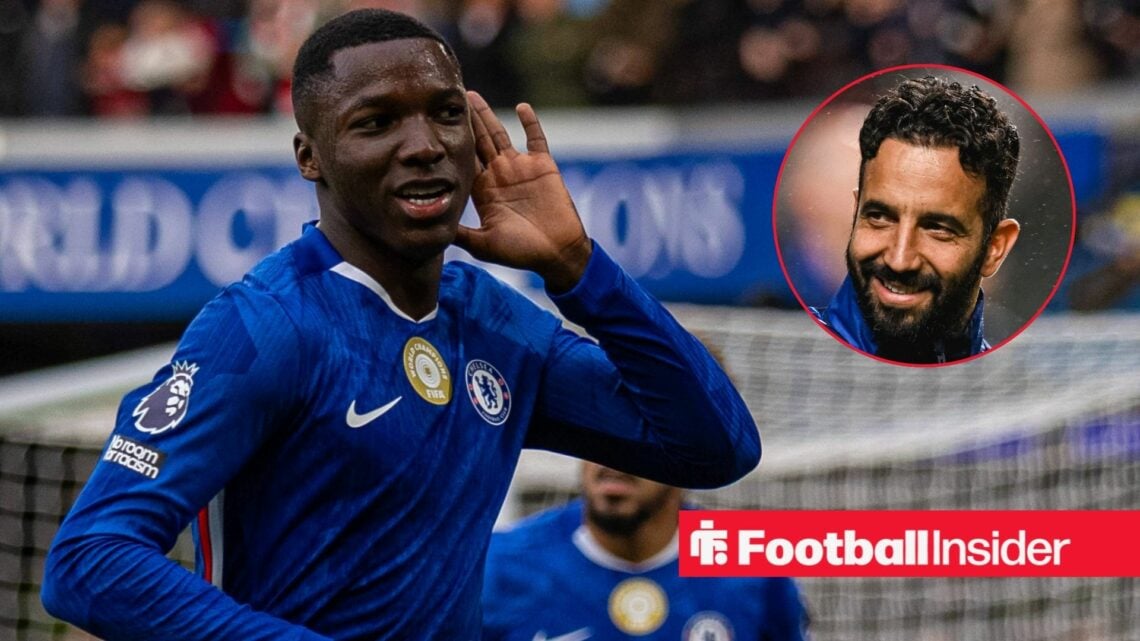 Chelsea midfielder Moises Caicedo celebrates with Manchester United manager Ruben Amorim inset