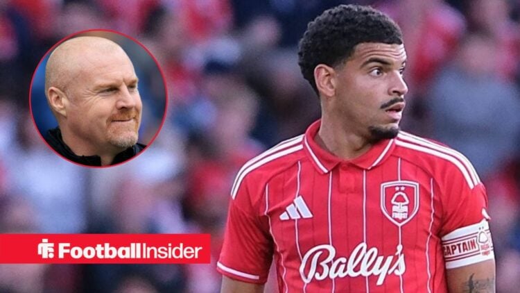 Nottingham Forest midfielder Morgan Gibbs-White with Sean Dyche smiles inset
