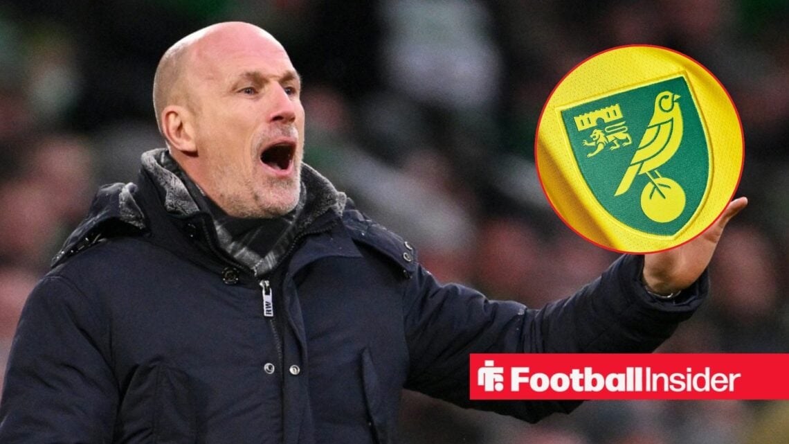 Norwich City manager Philippe Clement with Norwich badge inset