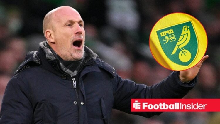 Norwich City manager Philippe Clement with Norwich badge inset