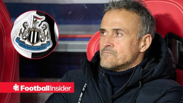 PSG manager Luis Enrique scowls with Newcastle United badge inset