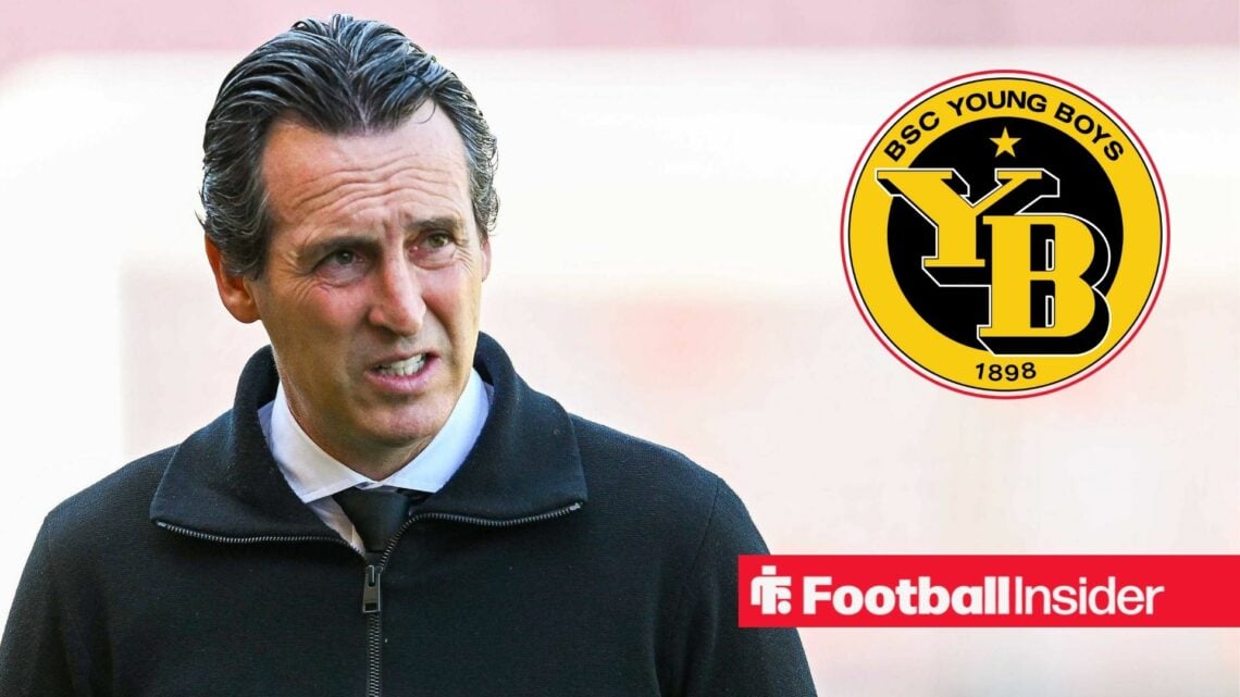 Aston Villa manager Unai Emery looks concerned with Young Boys badge inset