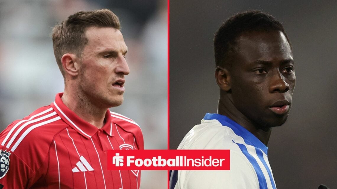 Nottingham Forest striker Chris Wood with Brighton winger Yankuba Minteh