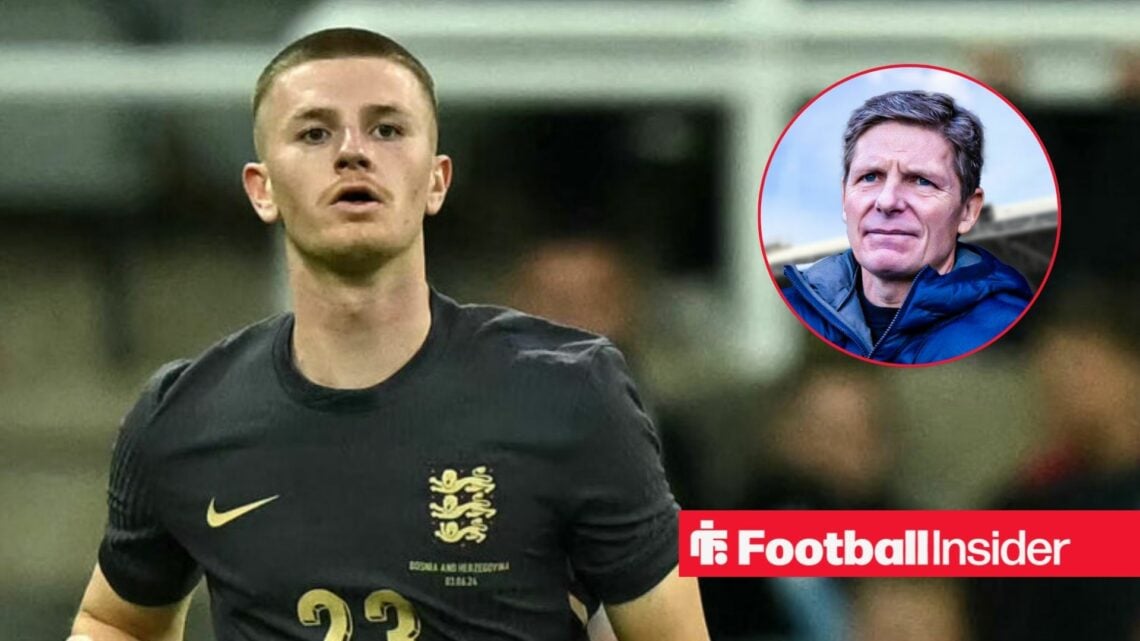 Adam Wharton in action for England, with Oliver Glasner in a circular inset