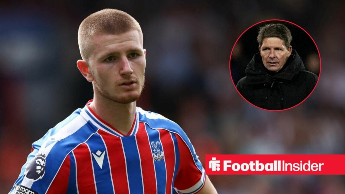 Adam Wharton in action for Crystal Palace, with Oliver Glasner in a circular inset