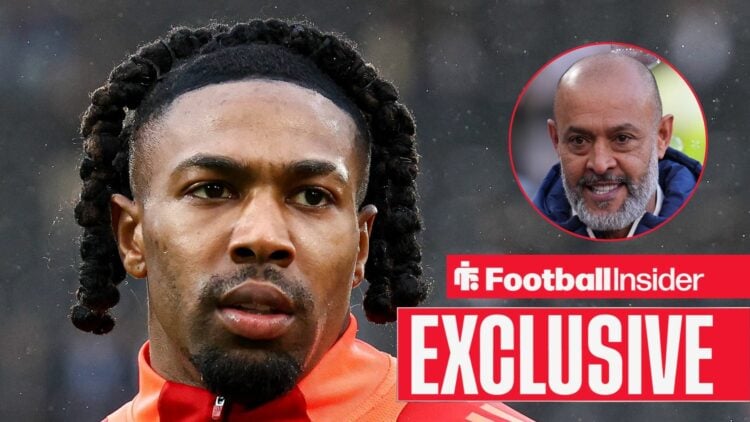 Adama Traore looking focused on the left with a smiling Nuno Espirito Santo on the right