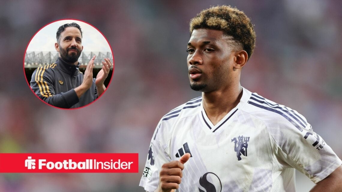 Amad Diallo playing for Man United, Ruben Amorim in a circular inset