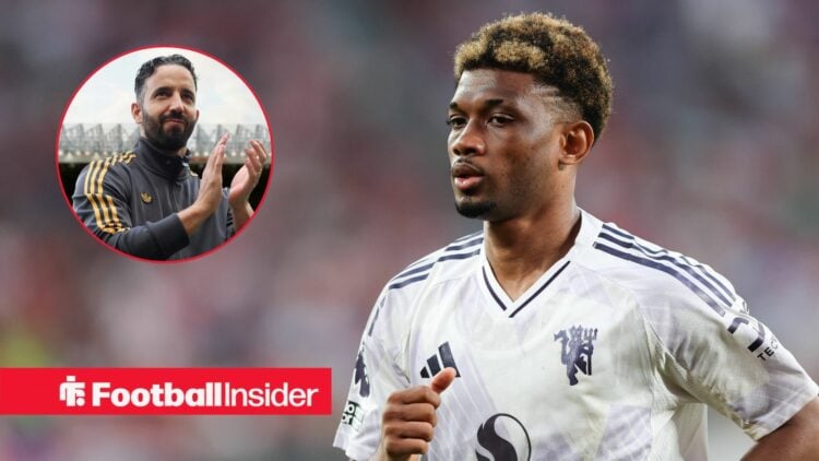 Amad Diallo playing for Man United, Ruben Amorim in a circular inset