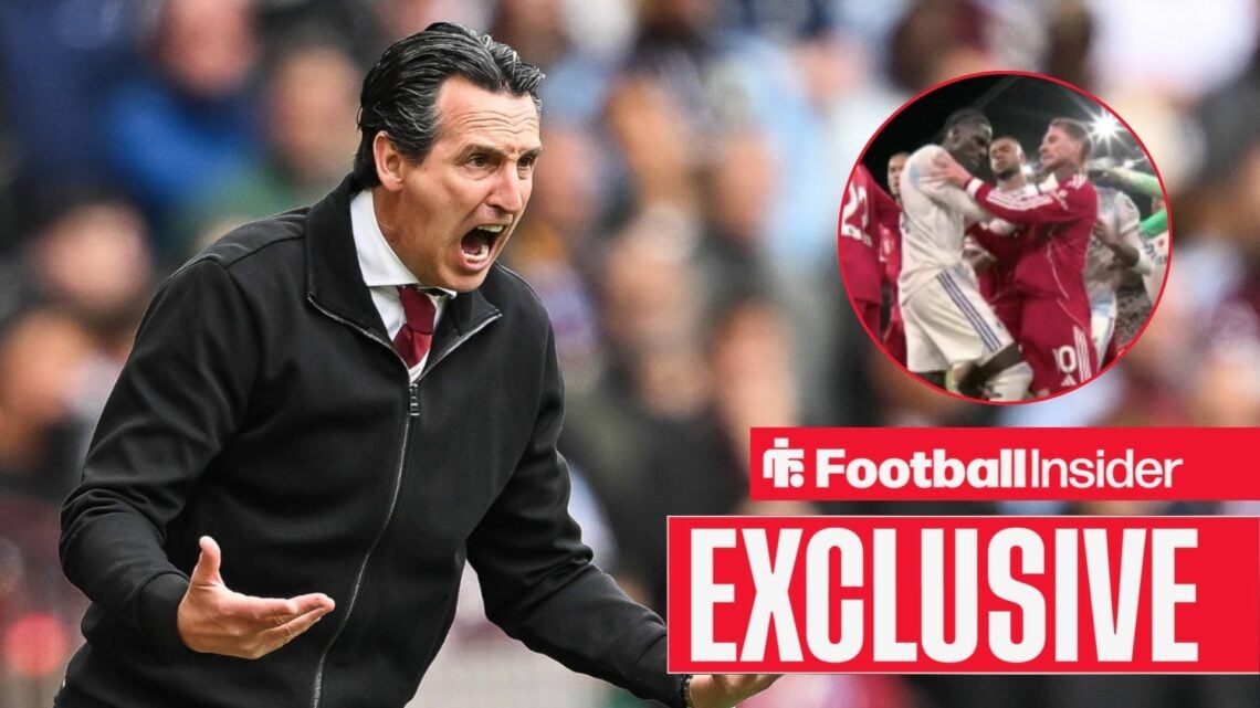 Unai Emery shouting on the sidelines, Amadou Onana and Alexis Mac Allister clashing in a circular inset